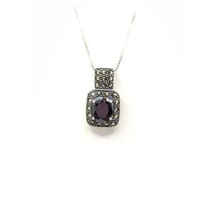 Sterling Silver Dee Berkley Dark Garnet & Marcasite Vintage Pendant Necklace 16"